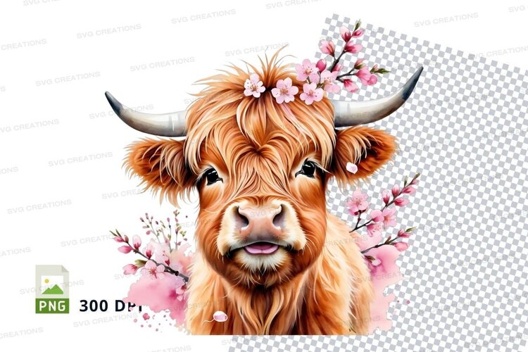 Charming highland cow with flowers example image 1