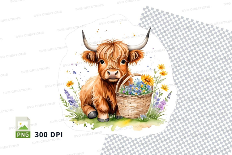 Cute highland cow with flowers