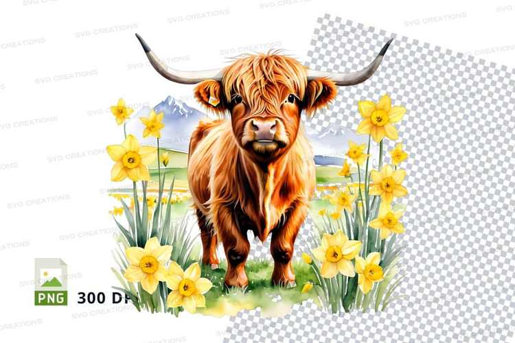 Highland cow in a field of daffodils