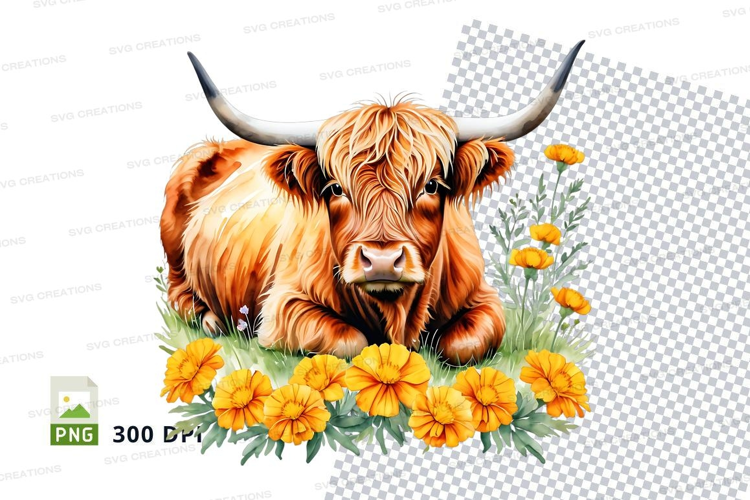 Highland cow in flowers