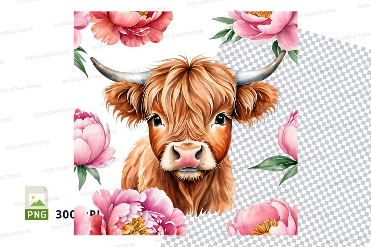 Cute highland cow with pink flowers clipart png