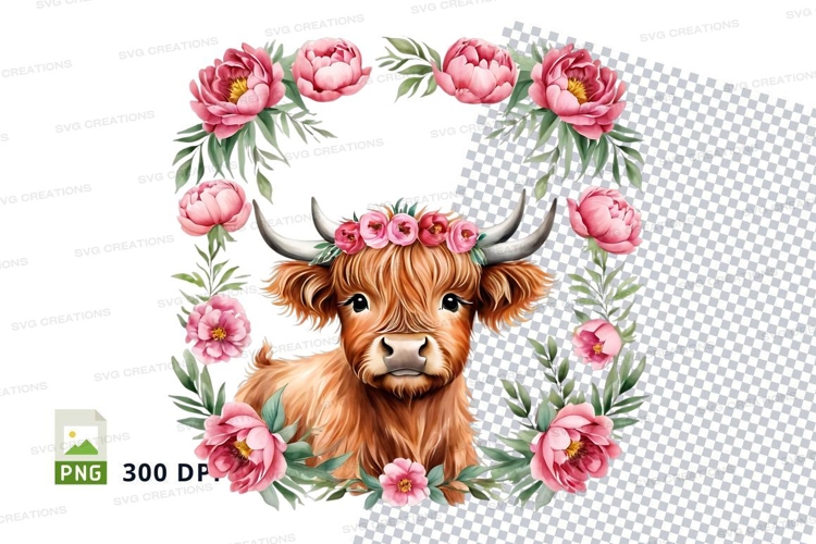 Cute highland cow with floral crown clipart png