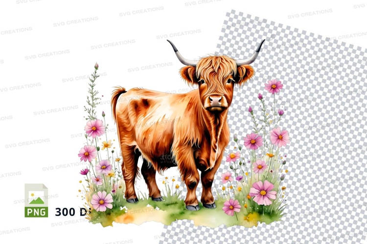 Highland cow in flower field clipart png