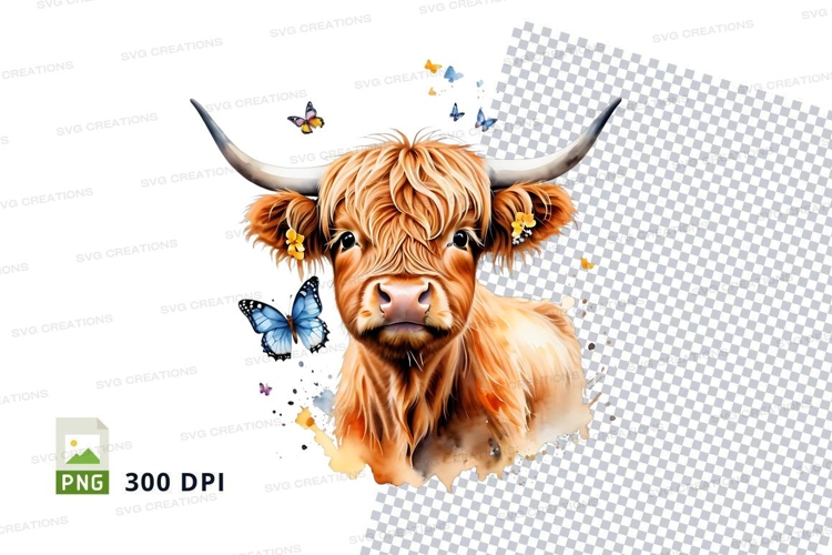 Cute highland cow with butterflies clipart png