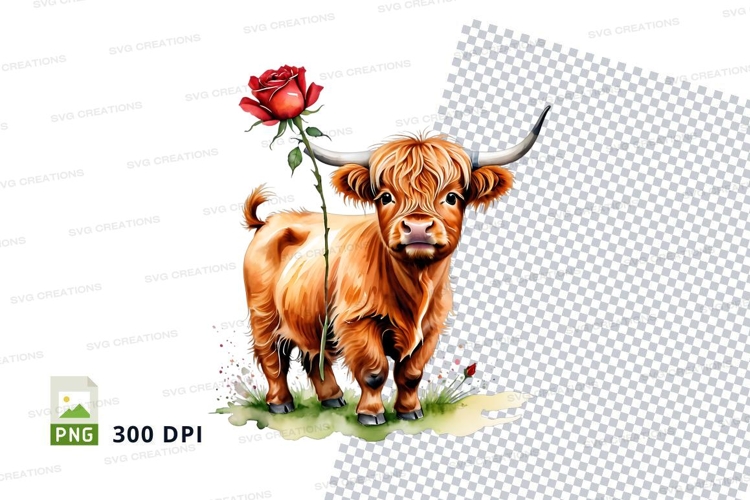 Cute highland cow with rose clipart png