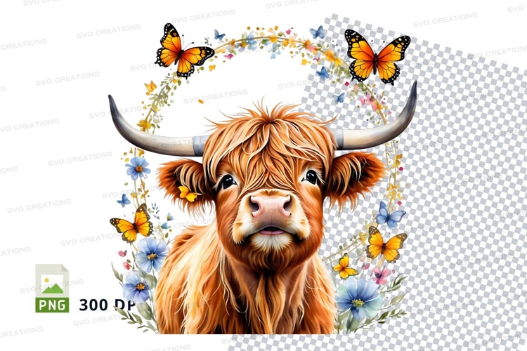 Charming highland cow with floral crown clipart png