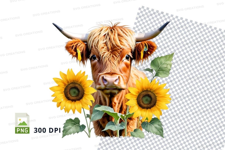 Highland cow with sunflowers clipart png