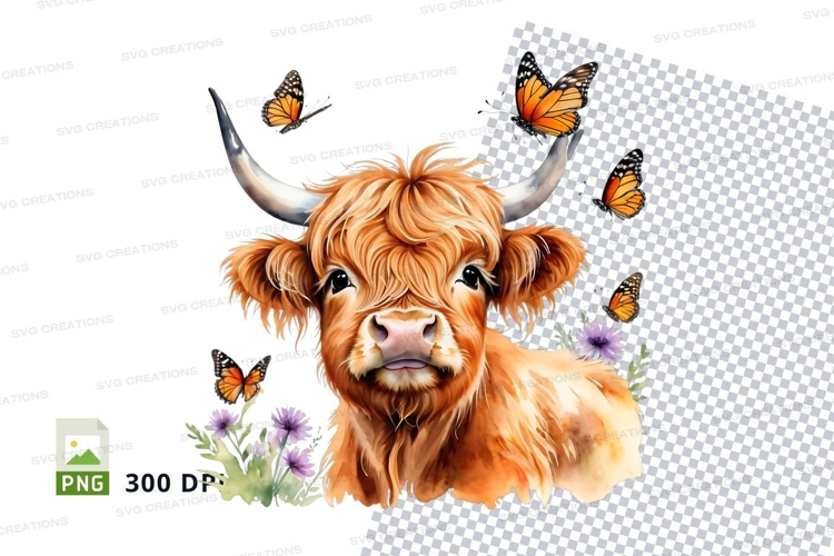 Cute highland cow with butterflies clipart png