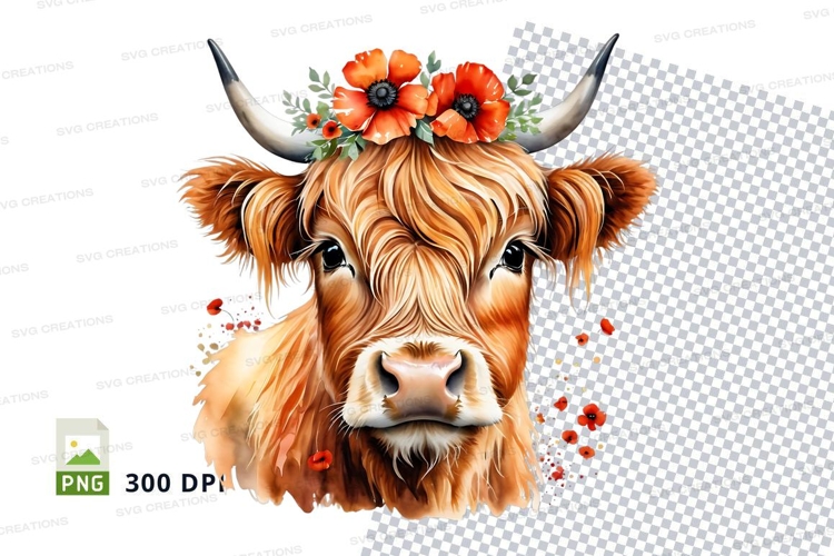 Flower crown highland cow clipart png