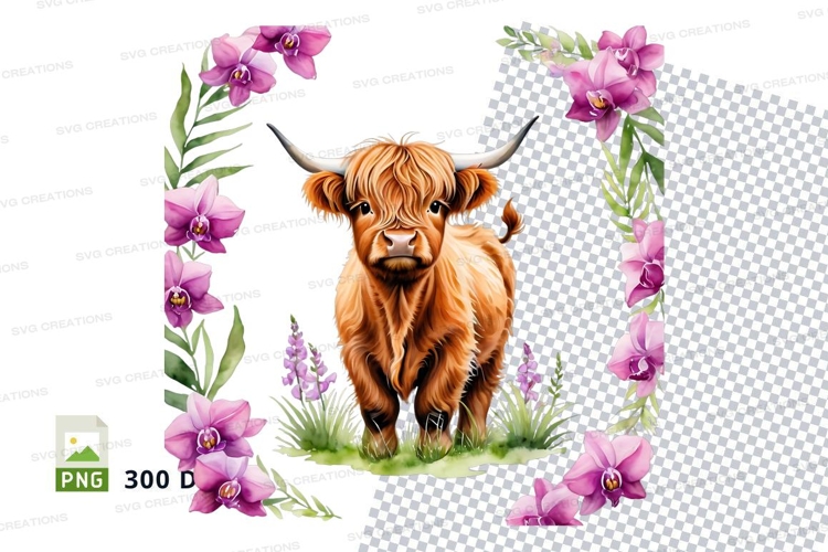 Cute highland cow calf with flowers clipart png