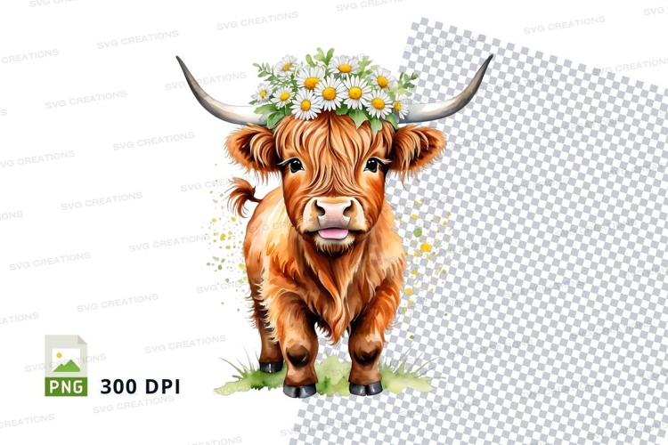 Cute highland cow with daisy crown clipart png