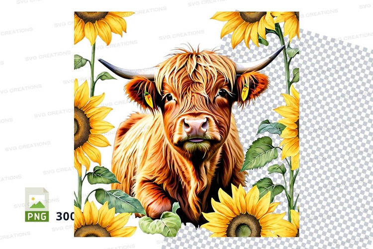 Cute highland cow with sunflowers clipart png