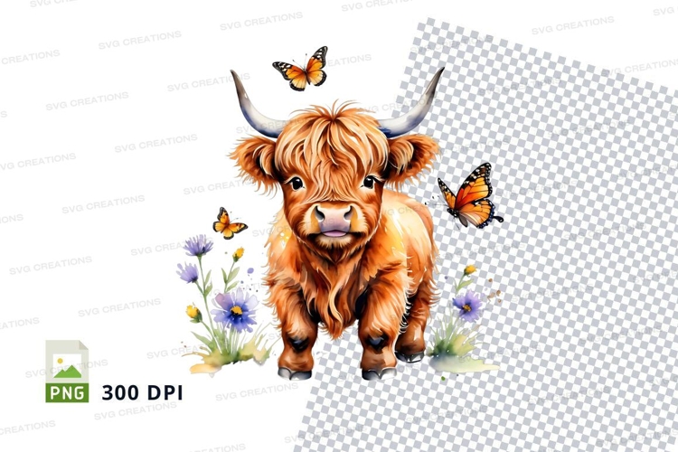 Cute highland cow with butterflies clipart png