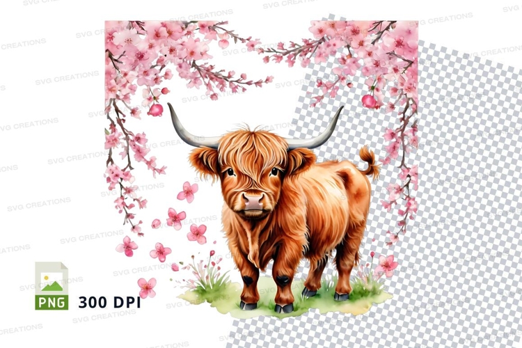Highland cow with cherry blossoms clipart png