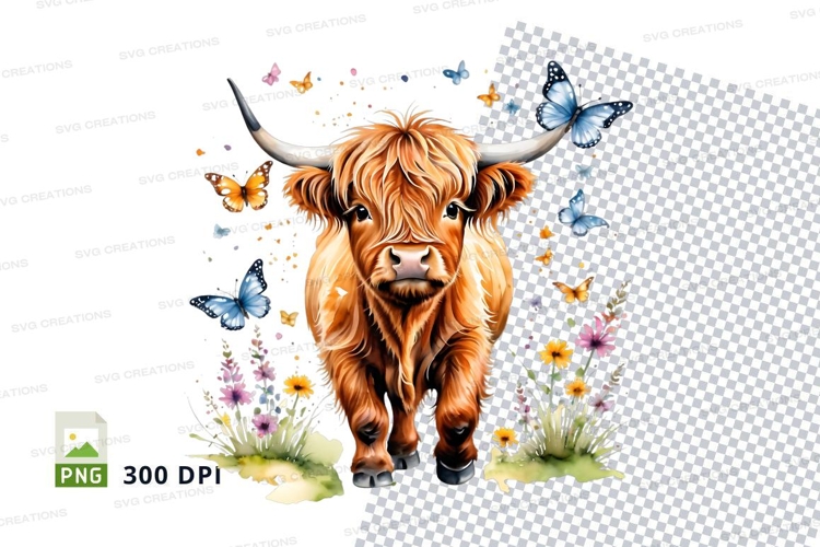 Highland cow with butterflies clipart png