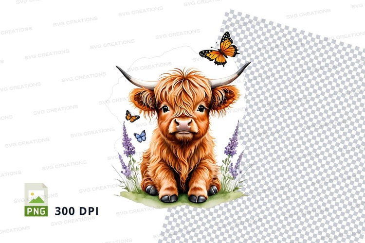 Cute highland cow calf with butterflies clipart png