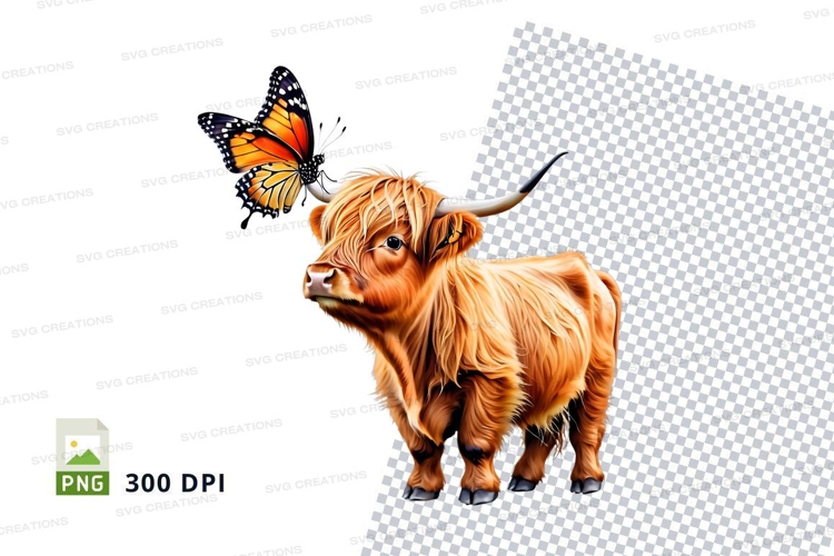 Cute highland cow calf with butterfly clipart png
