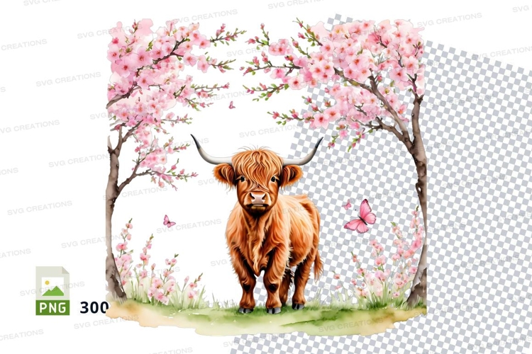 Highland cow under cherry blossom tree clipart png