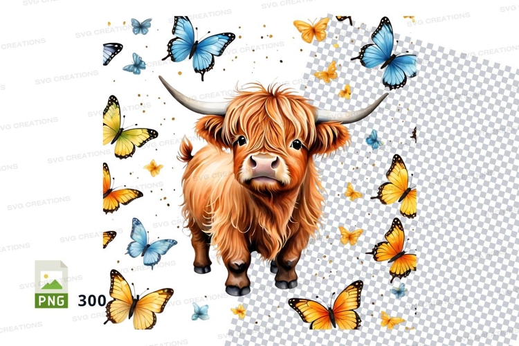 Cute highland cow with butterflies clipart png