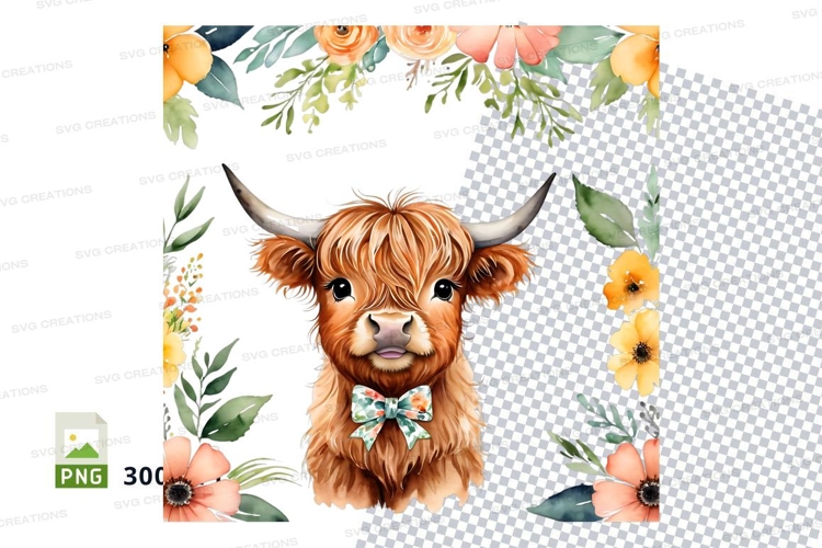 Adorable highland cow with floral frame clipart png