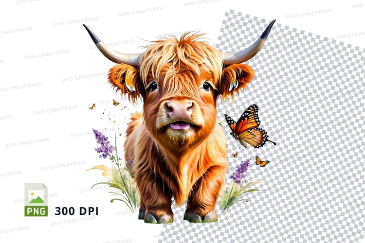 Cute highland cow with butterflies clipart png