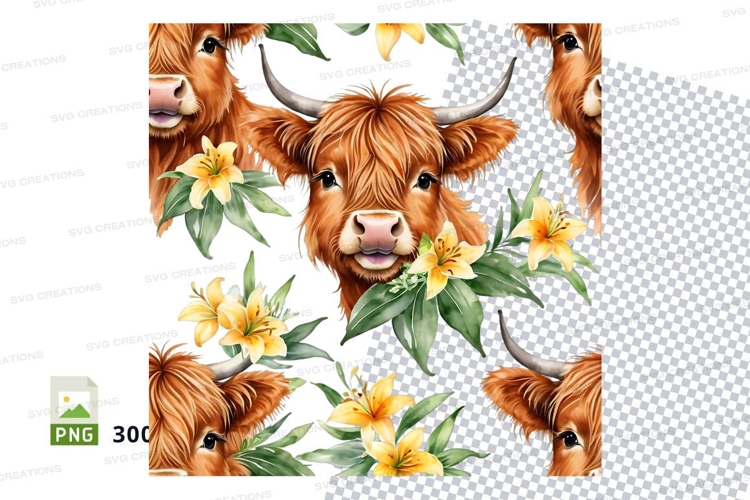 Highland cow with flowers clipart png