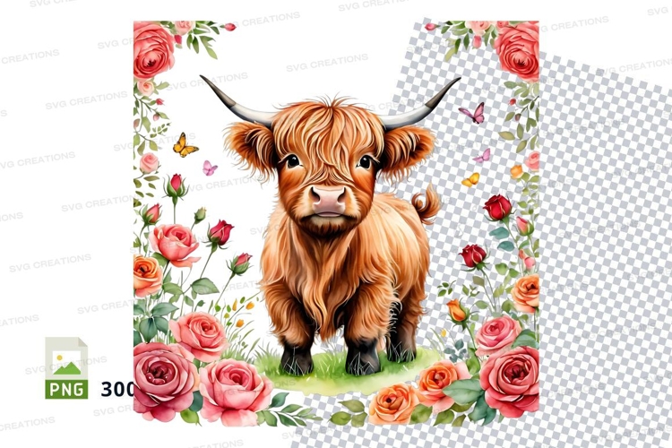 Cute highland cow with roses clipart png