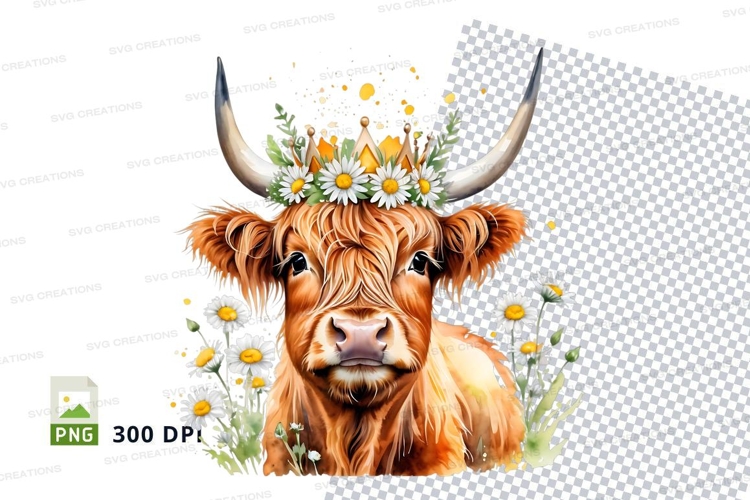 Charming highland cow with flowers clipart png
