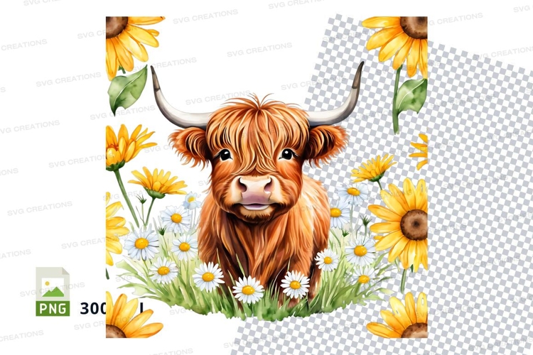 Cute highland cow with sunflowers clipart png