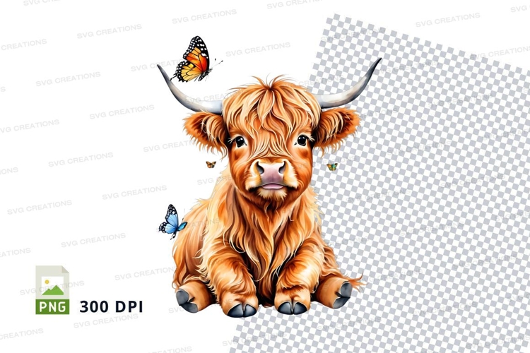 Cute highland cow calf with butterflies clipart png