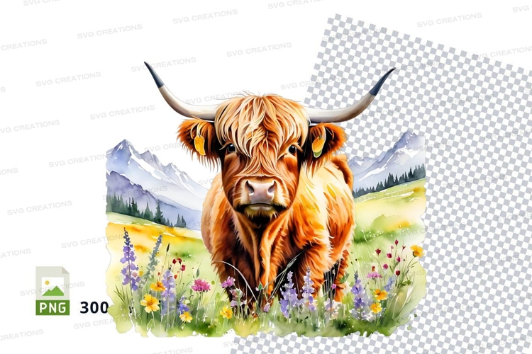 Highland cow in mountain meadow clipart png