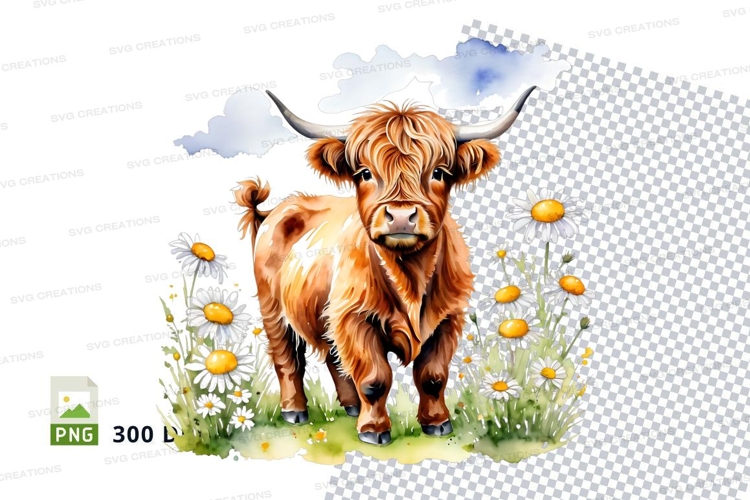 Cute highland cow in flowers clipart png