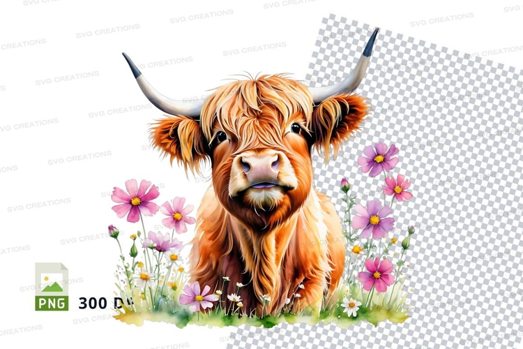 Highland cow in flowers clipart png