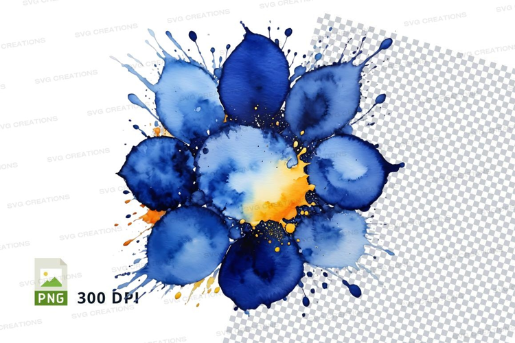 Blue and yellow watercolor splash flower