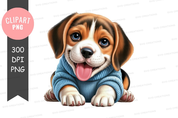 Happy puppy in blue sweater
