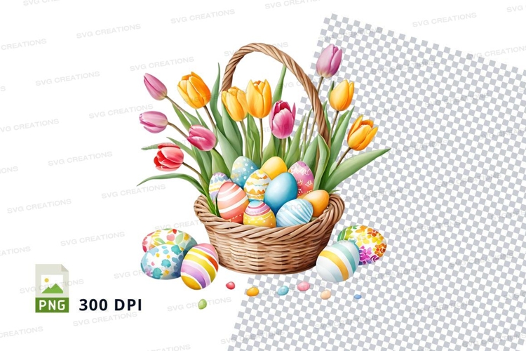 Easter basket with eggs and tulips
