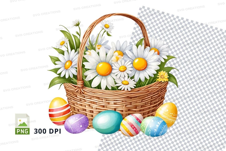 Easter basket with flowers and eggs