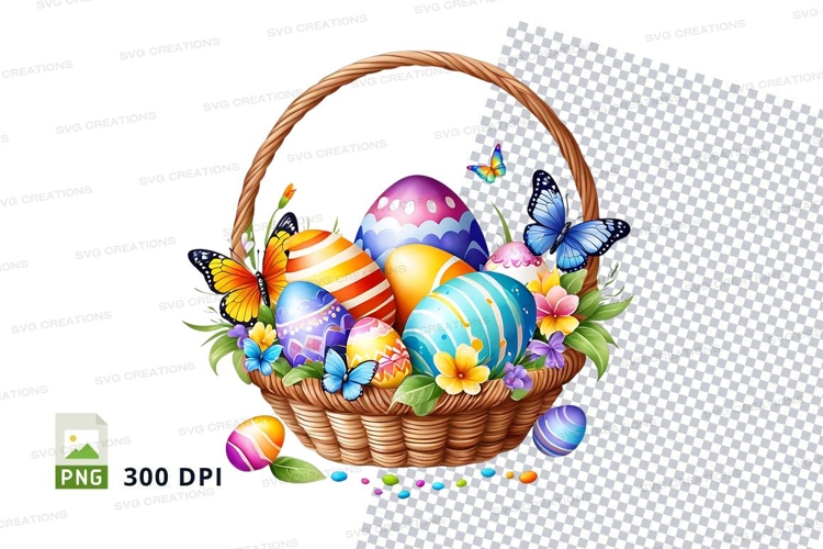 Easter basket with decorated eggs and butterflies