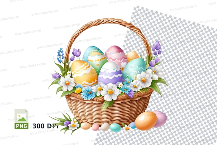 Easter basket with decorated eggs and flowers