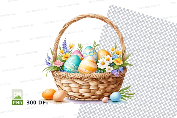 Easter basket with decorated eggs and flowers