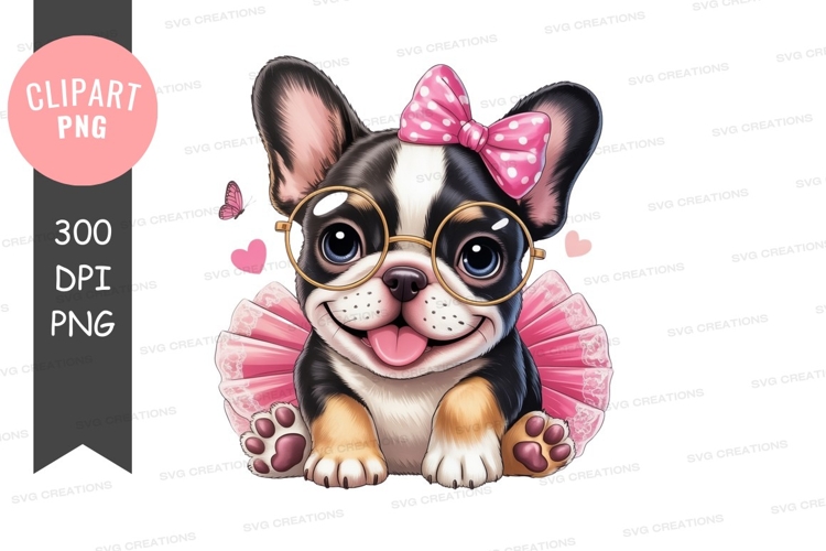 Adorable french bulldog puppy in pink accessories