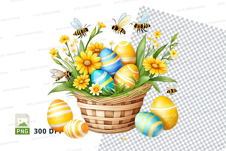 Easter basket with eggs and flowers