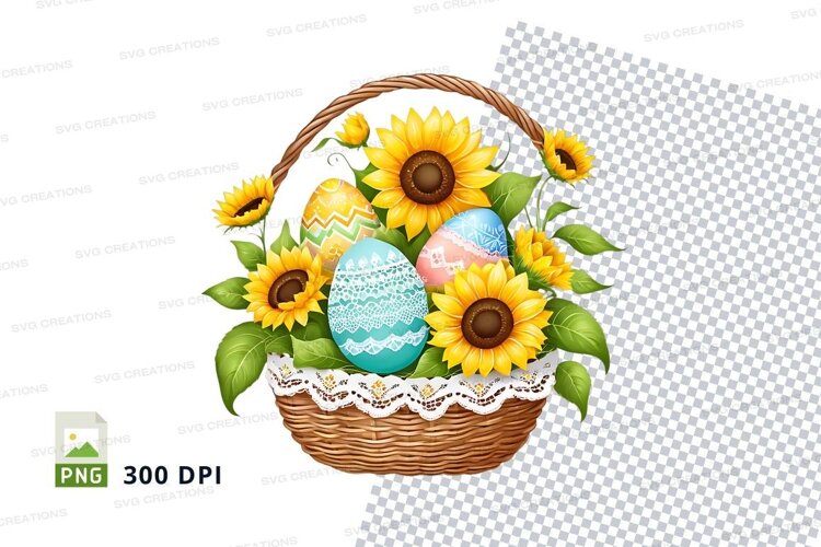 Easter basket with decorated eggs and sunflowers example image 1