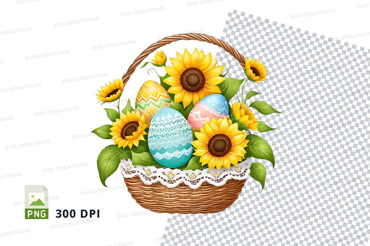 Easter basket with decorated eggs and sunflowers