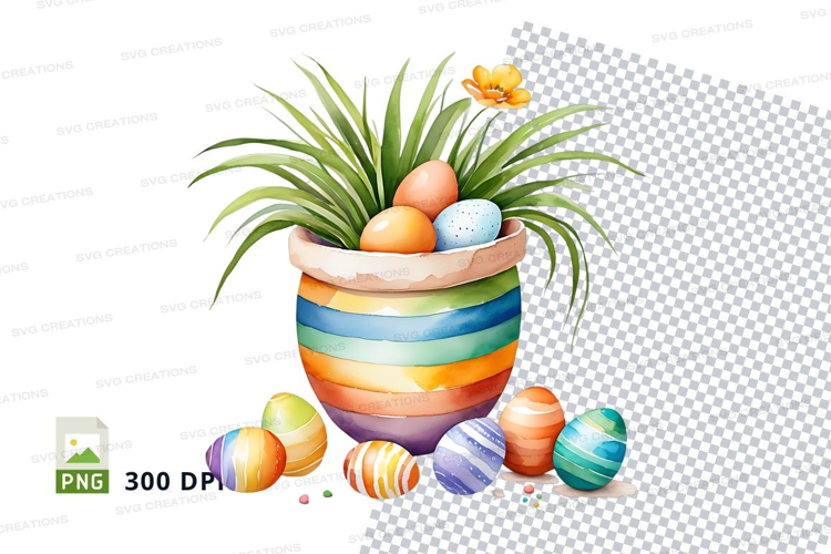 Easter eggs in a pot with plant