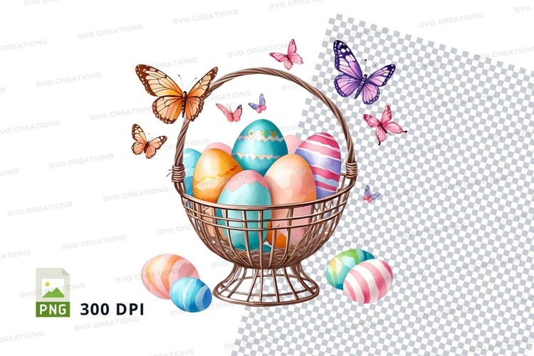 Easter basket with colorful eggs and butterflies