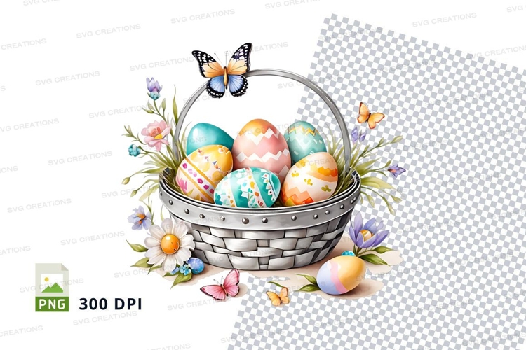 Easter basket with decorated eggs and butterflies