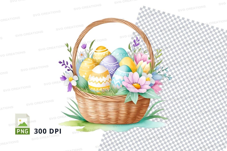 Easter basket with decorated eggs and flowers