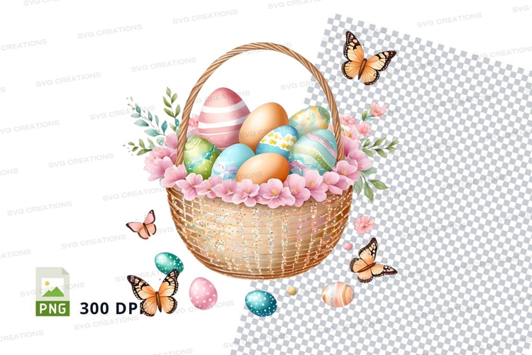 Easter basket with decorated eggs and butterflies