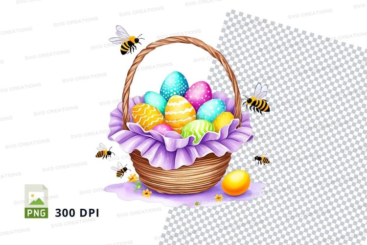 Easter basket with decorated eggs and bees example image 1